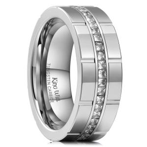 King Will 8mm Tungsten Wedding Ring for Men Women Centre Groove Unisex Wedding Band with White Cubic Zircon(Silver)