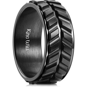 King Will Black Silver Gold Mens Spinner Anxiety Fidget Ring 8mm Stainless Steel Wire Mesh Chain Woven Mesh/Tire Stripe/Groove Ring for Stress Relieving(black-Tire Stripe)
