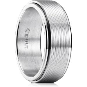 King Will Black Silver Gold Mens Spinner Anxiety Fidget Ring 8mm Stainless Steel Wire Mesh Chain Woven Mesh/Tire Stripe/Groove Ring for Stress Relieving(silver-groove)