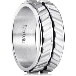 King Will Black Silver Gold Mens Spinner Anxiety Fidget Ring 8mm Stainless Steel Wire Mesh Chain Woven Mesh/Tire Stripe/Groove Ring for Stress Relieving(silver-Tire Stripe)