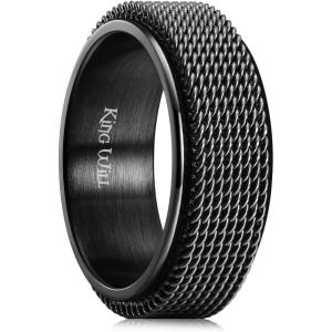 King Will Black Silver Gold Mens Spinner Anxiety Fidget Ring 8mm Stainless Steel Wire Mesh Chain Woven Mesh/Tire Stripe/Groove Ring for Stress Relieving(black Chain Mesh)