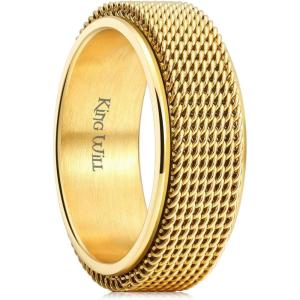 King Will Black Silver Gold Mens Spinner Anxiety Fidget Ring 8mm Stainless Steel Wire Mesh Chain Woven Mesh/Tire Stripe/Groove Ring for Stress Relieving(gold Chain Mesh)