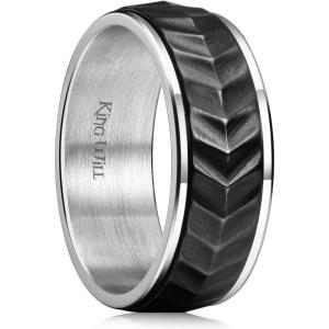 King Will Black Silver Gold Mens Spinner Anxiety Fidget Ring 8mm Stainless Steel Wire Mesh Chain Woven Mesh/Tire Stripe/Groove Ring for Stress Relieving(silver-black)