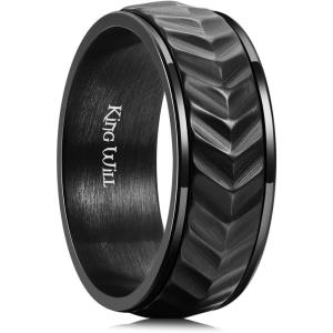 King Will Black Silver Gold Mens Spinner Anxiety Fidget Ring 8mm Stainless Steel Wire Mesh Chain Woven Mesh/Tire Stripe/Groove Ring for Stress Relieving(black)