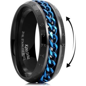 King Will Mens 8mm 316L Stainless Steel Fidget Chain Spinner Rings Viking Runes(Black with Blue Chain)