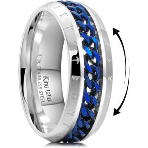 King Will Mens 8mm 316L Stainless Steel Fidget Chain Spinner Rings Viking Runes(Silver with Blue Chain)