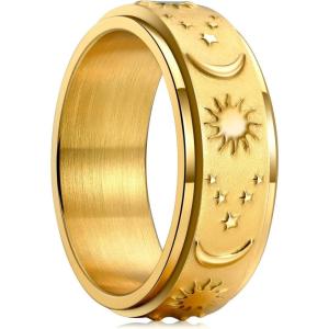 King Will Mens Fidget Ring Black/Gold/Rose Gold/Rainbow 8mm Stainless Steel Ring Spinner Ring For Men Women Stress Anxiety Relief Rotating Ring Finger Teens Toy Moon Sun Star/Triple Moon/Sand Blasted Comfort Fit For Unisex Adults(Old Gold)