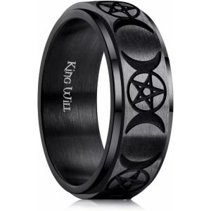 King Will Mens Fidget Ring Black/Gold/Rose Gold/Rainbow 8mm Stainless Steel Ring Spinner Ring For Men Women Stress Anxiety Relief Rotating Ring Finger Teens Toy Moon Sun Star/Triple Moon/Sand Blasted Comfort Fit For Unisex Adults(Dull Black)
