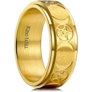 King Will Mens Fidget Ring Black/Gold/Rose Gold/Rainbow 8mm Stainless Steel Ring Spinner Ring For Men Women Stress Anxiety Relief Rotating Ring Finger Teens Toy Moon Sun Star/Triple Moon/Sand Blasted Comfort Fit For Unisex Adults(Golden Yellow)
