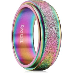 King Will Mens Fidget Ring Black/Gold/Rose Gold/Rainbow 8mm Stainless Steel Ring Spinner Ring For Men Women Stress Anxiety Relief Rotating Ring Finger Teens Toy Moon Sun Star/Triple Moon/Sand Blasted Comfort Fit For Unisex Adults(Rainbow)