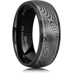 King Will Men’s Stainless Steel Wedding Band – 8mm Black Promise Ring with Laser Zebra Pattern/Engraved Bull, Unique Black Stainless Steel Wedding Band Ring for Men Comfort Fit Size 7-12(Black-B)