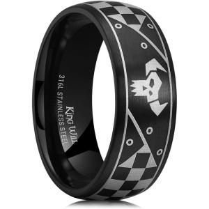 King Will Men’s Stainless Steel Wedding Band – 8mm Black Promise Ring with Laser Zebra Pattern/Engraved Bull, Unique Black Stainless Steel Wedding Band Ring for Men Comfort Fit Size 7-12(Black-D)