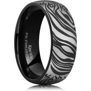 King Will Men’s Stainless Steel Wedding Band – 8mm Black Promise Ring with Laser Zebra Pattern/Engraved Bull, Unique Black Stainless Steel Wedding Band Ring for Men Comfort Fit Size 7-12(Black-A)