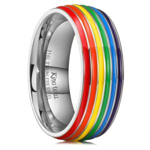 King Will Pride Rainbow Rings- Love is Love Wedding Band, 8mm Width Promise Ring in Black/Silver/Gold with Inner Outer Rainbow Plated Comfort Fit Size 7-14(Sliver-Raonbow-B)