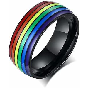 King Will Pride Rainbow Rings- Love is Love Wedding Band, 8mm Width Promise Ring in Black/Silver/Gold with Inner Outer Rainbow Plated Comfort Fit Size 7-14(Rainbow-Inner Black)