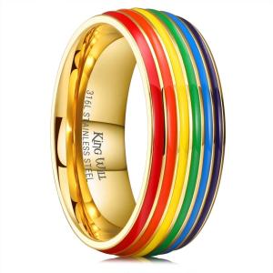 King Will Pride Rainbow Rings- Love is Love Wedding Band, 8mm Width Promise Ring in Black/Silver/Gold with Inner Outer Rainbow Plated Comfort Fit Size 7-14(Rainbow-Inner Gold)