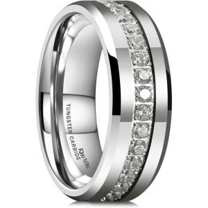 King Will Tungsten Carbide Wedding Band for Men – 8mm Black Plated High Polished Cubic Zircon Stones Comfort Fit Mens Ring for Wedding,Engagement and Anniversary(Silver)