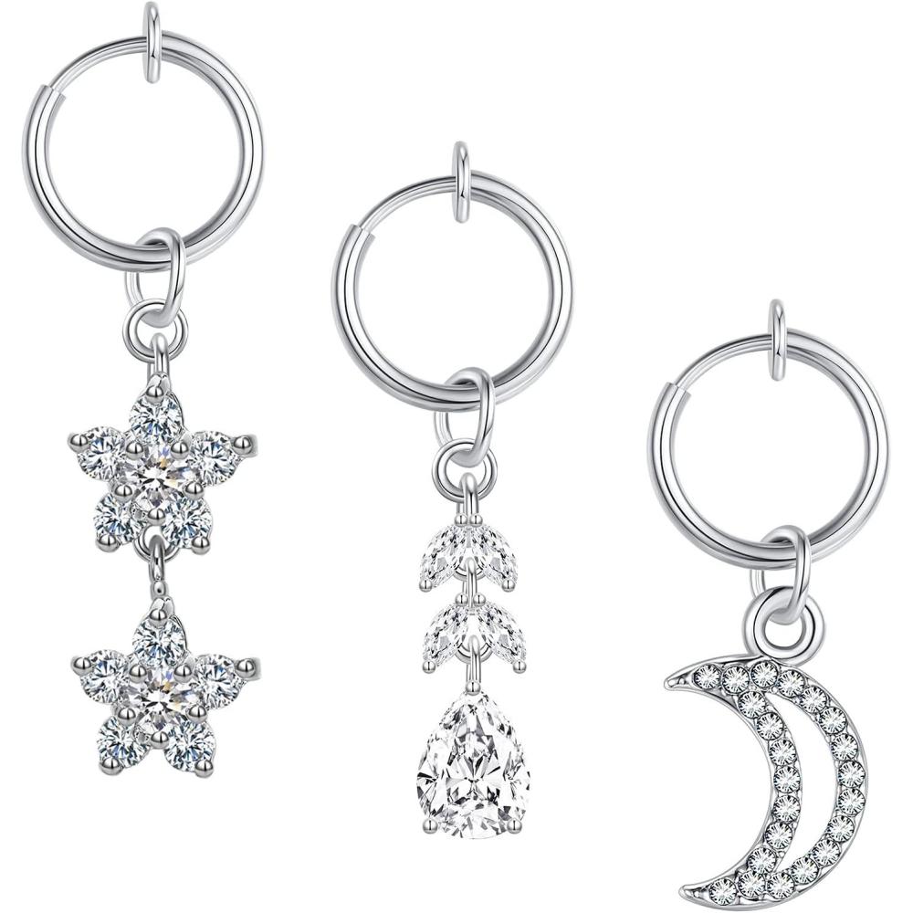 imageIncaton 3Pcs Clip on Belly Button Dangle Rings Non Piercing Star Moon CZ Fake Belly Rings Fake Belly Button Rings Piercing Jewelry