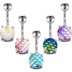 Incaton 14G Belly Button Rings Surgical Steel Mermaid Fish Scale Belly Rings Navel Belly Barbell for Women10mm Belly Bar
