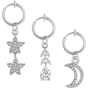Incaton 3Pcs Clip on Belly Button Dangle Rings Non Piercing Star Moon CZ Fake Belly Rings Fake Belly Button Rings Piercing Jewelry