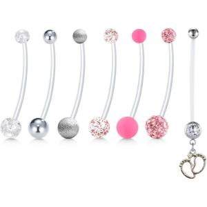 Mayhoop 14G Pregnancy Belly Button Rings Flexible Bioplast Sport Maternity Belly Navel Retainer Body Piercing 38mm 1 1/2″(1#White&Pink)
