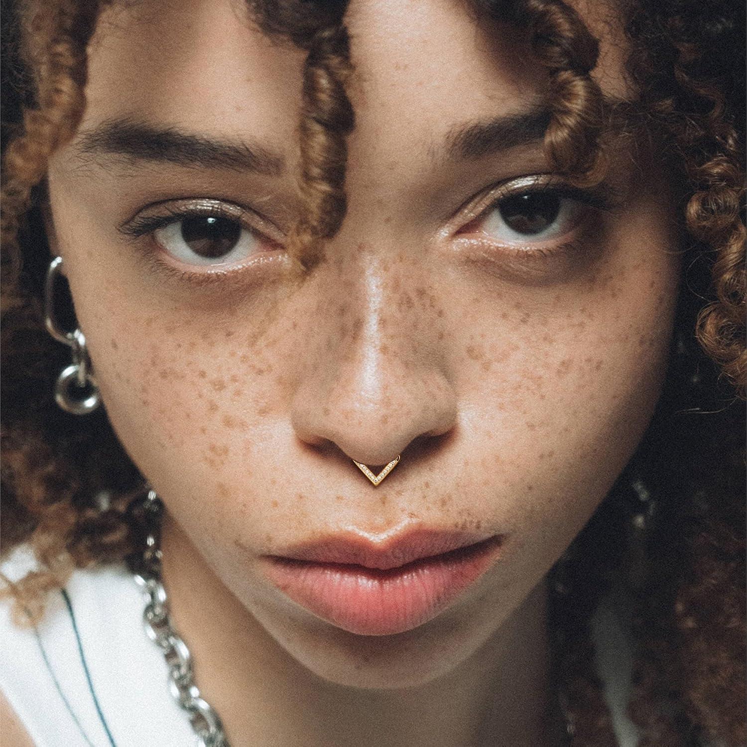 imageBodyBonita 16G Gold PlatedSilver Triangle Septum Rings Piercings 316L Stainless Steel Nose Rings Hoops CZ Nostril Piercing Jewelry Clicker Hoop Daith Conch Tragus Rook Earring Women Men 6810mmGold Clear CZ5A