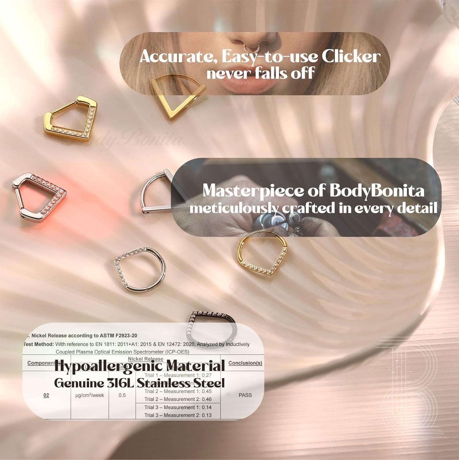 imageBodyBonita 16G Gold PlatedSilver Triangle Septum Rings Piercings 316L Stainless Steel Nose Rings Hoops CZ Nostril Piercing Jewelry Clicker Hoop Daith Conch Tragus Rook Earring Women Men 6810mmSilver Clear CZ5A