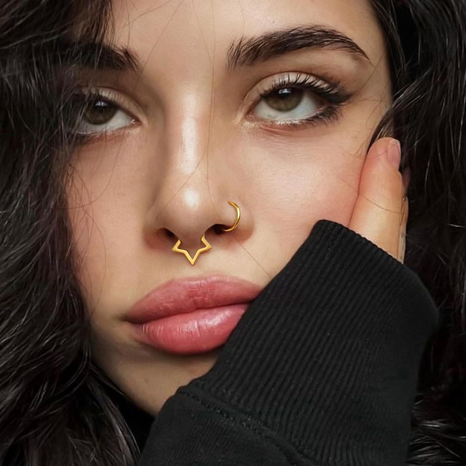 imageBodyBonita 16G Straight Septum Rings 316L Surgical Steel D Shaped Septum Jewelry Star Lace Chain Nose Rings Hoops Clicker Helix Tragus Rook Daith Piercings for Women Men 8 mm14K Gold PlatedStar