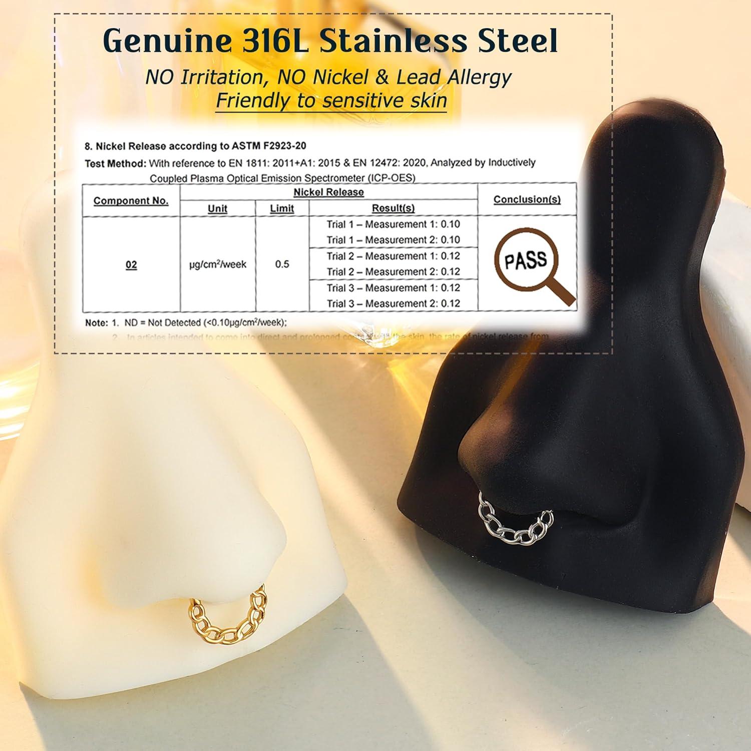 imageBodyBonita 16G Straight Septum Rings 316L Surgical Steel D Shaped Septum Jewelry Star Lace Chain Nose Rings Hoops Clicker Helix Tragus Rook Daith Piercings for Women Men 8 mmSilver ColorChain