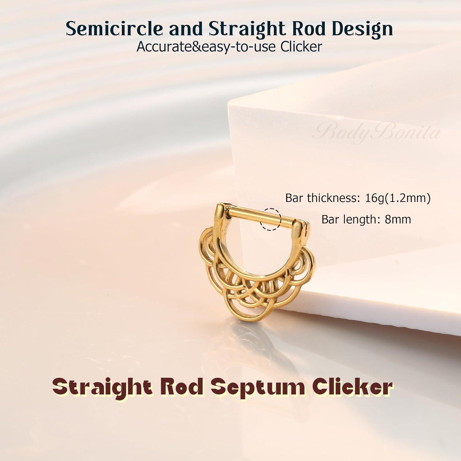 imageBodyBonita 16G Straight Septum Rings 316L Surgical Steel D Shaped Septum Jewelry Star Lace Chain Nose Rings Hoops Clicker Helix Tragus Rook Daith Piercings for Women Men 8 mm14K Gold PlatedLace