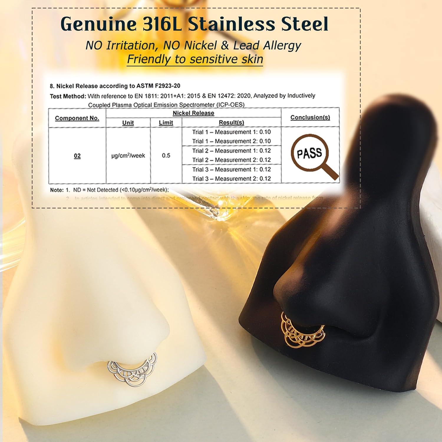 imageBodyBonita 16G Straight Septum Rings 316L Surgical Steel D Shaped Septum Jewelry Star Lace Chain Nose Rings Hoops Clicker Helix Tragus Rook Daith Piercings for Women Men 8 mm14K Gold PlatedLace