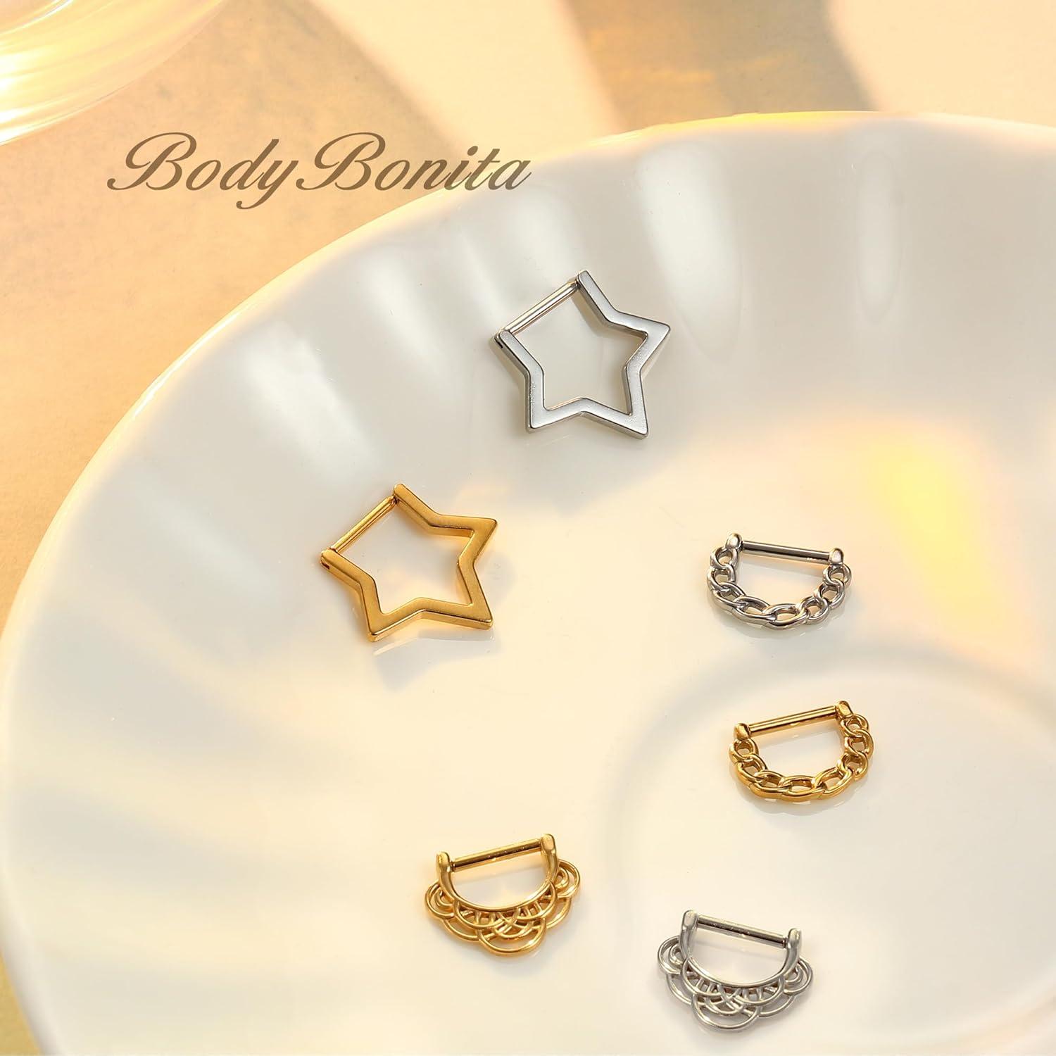 imageBodyBonita 16G Straight Septum Rings 316L Surgical Steel D Shaped Septum Jewelry Star Lace Chain Nose Rings Hoops Clicker Helix Tragus Rook Daith Piercings for Women Men 8 mmSilver ColorStar