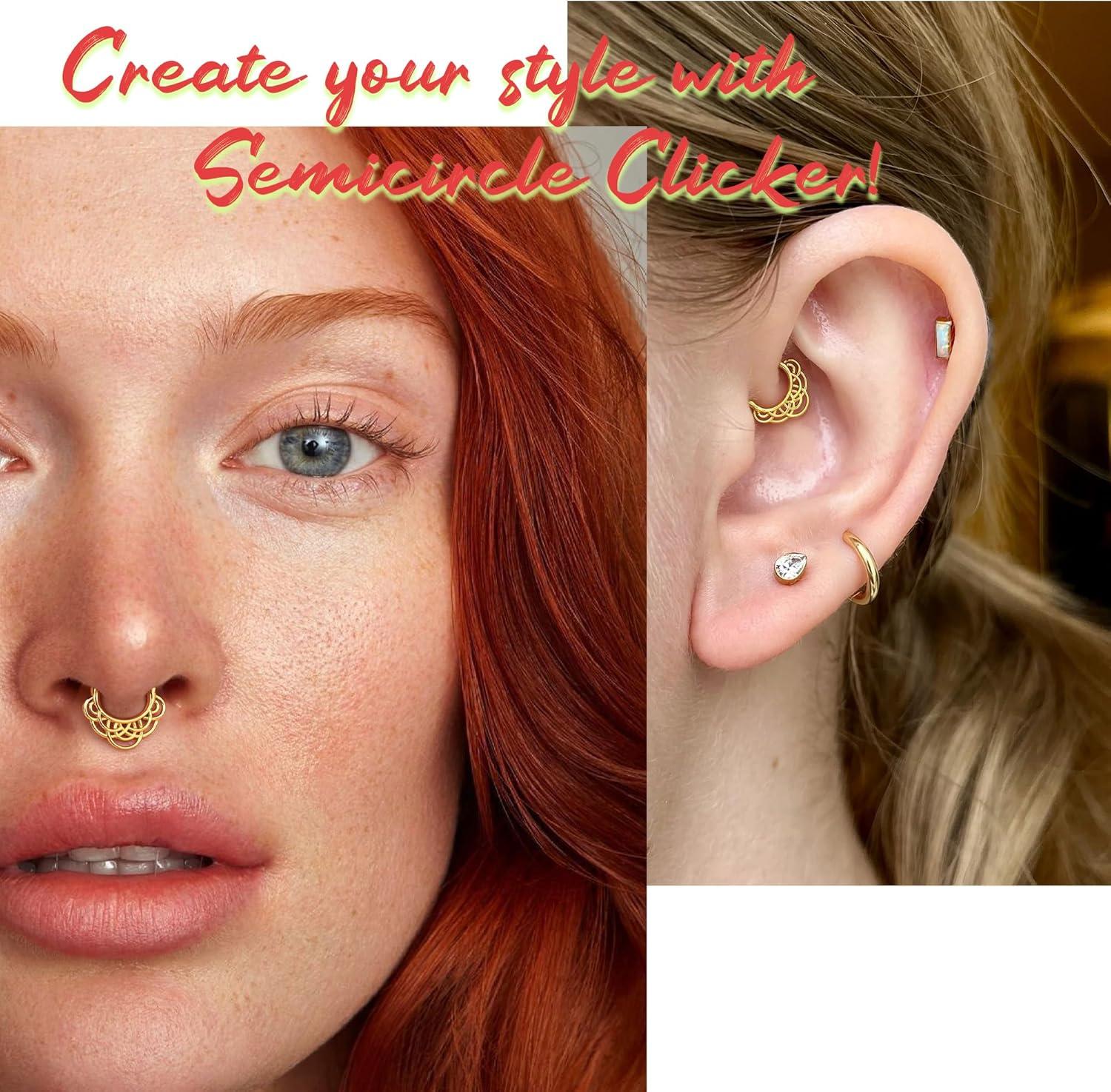 imageBodyBonita 16G Straight Septum Rings 316L Surgical Steel D Shaped Septum Jewelry Star Lace Chain Nose Rings Hoops Clicker Helix Tragus Rook Daith Piercings for Women Men 8 mm14K Gold PlatedLace