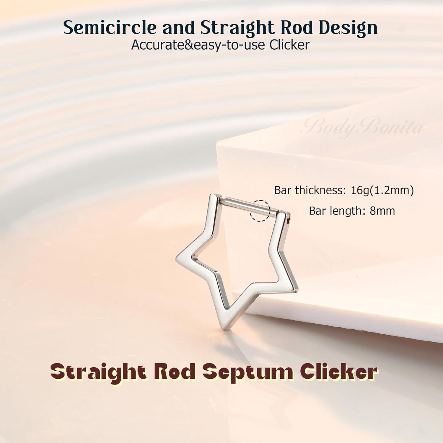 imageBodyBonita 16G Straight Septum Rings 316L Surgical Steel D Shaped Septum Jewelry Star Lace Chain Nose Rings Hoops Clicker Helix Tragus Rook Daith Piercings for Women Men 8 mmSilver ColorStar