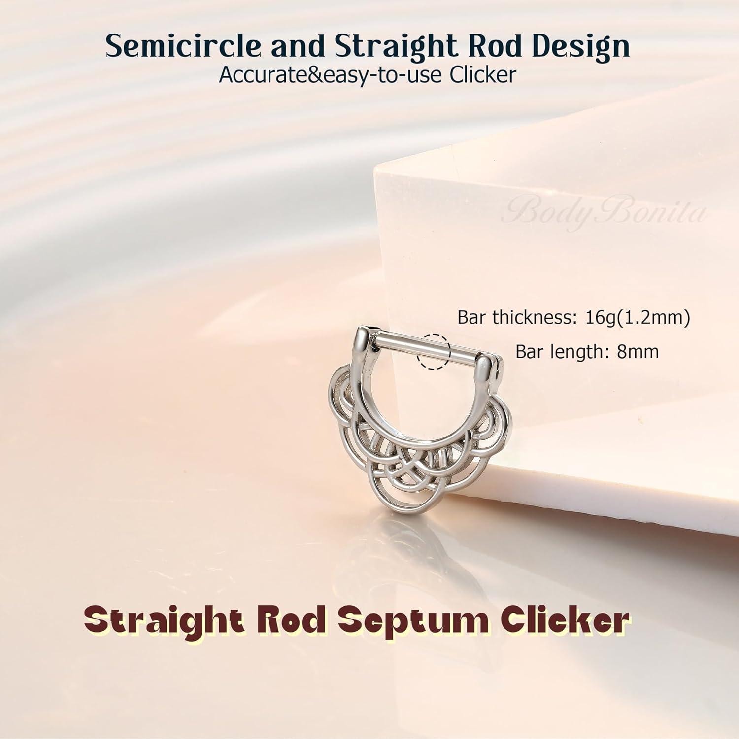 imageBodyBonita 16G Straight Septum Rings 316L Surgical Steel D Shaped Septum Jewelry Star Lace Chain Nose Rings Hoops Clicker Helix Tragus Rook Daith Piercings for Women Men 8 mmSilver ColorLace
