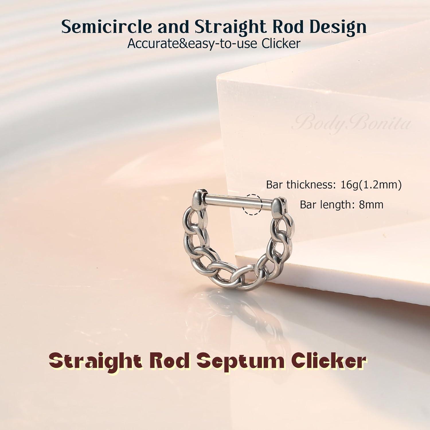 imageBodyBonita 16G Straight Septum Rings 316L Surgical Steel D Shaped Septum Jewelry Star Lace Chain Nose Rings Hoops Clicker Helix Tragus Rook Daith Piercings for Women Men 8 mmSilver ColorChain