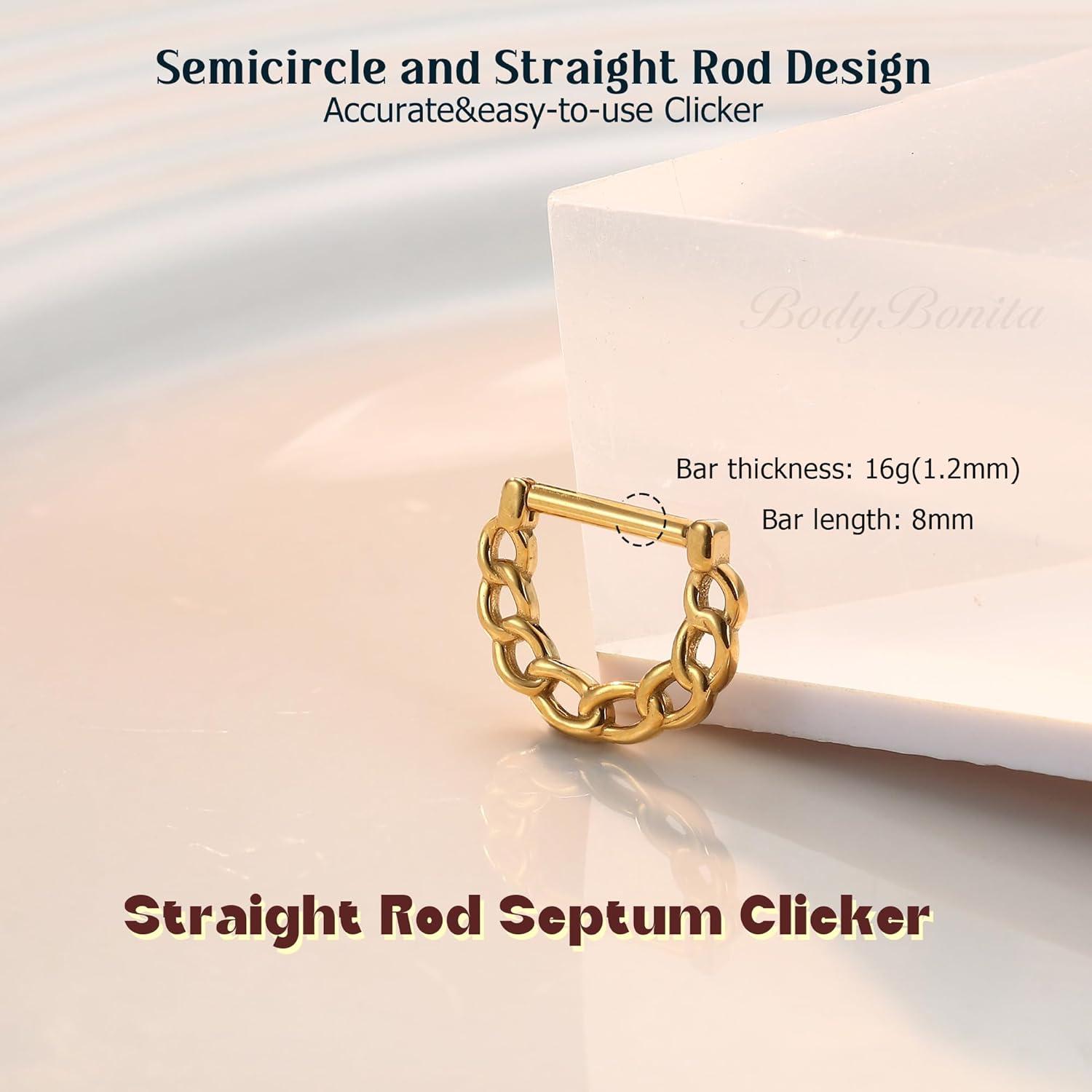 imageBodyBonita 16G Straight Septum Rings 316L Surgical Steel D Shaped Septum Jewelry Star Lace Chain Nose Rings Hoops Clicker Helix Tragus Rook Daith Piercings for Women Men 8 mm14K Gold PlatedChain