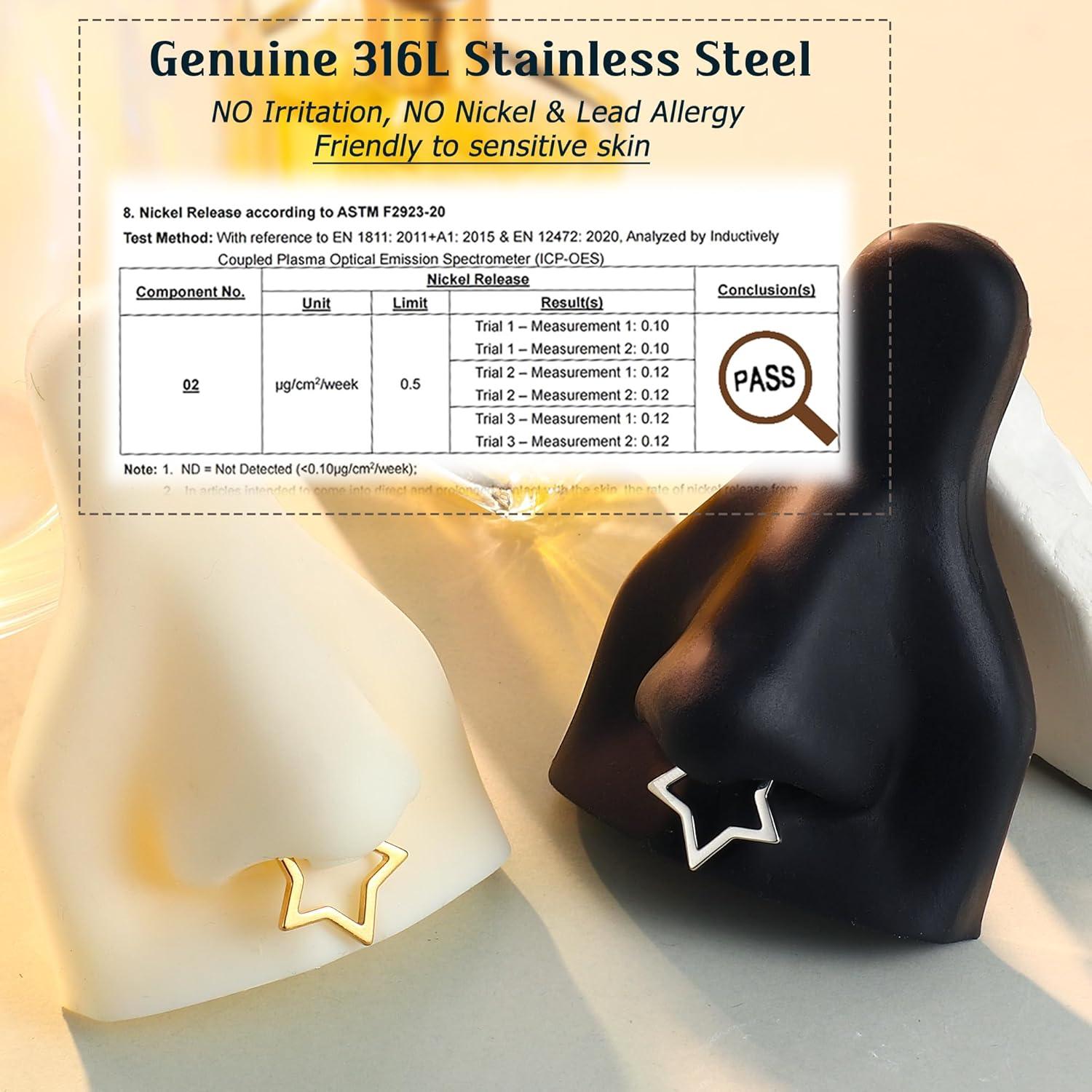 imageBodyBonita 16G Straight Septum Rings 316L Surgical Steel D Shaped Septum Jewelry Star Lace Chain Nose Rings Hoops Clicker Helix Tragus Rook Daith Piercings for Women Men 8 mm14K Gold PlatedStar