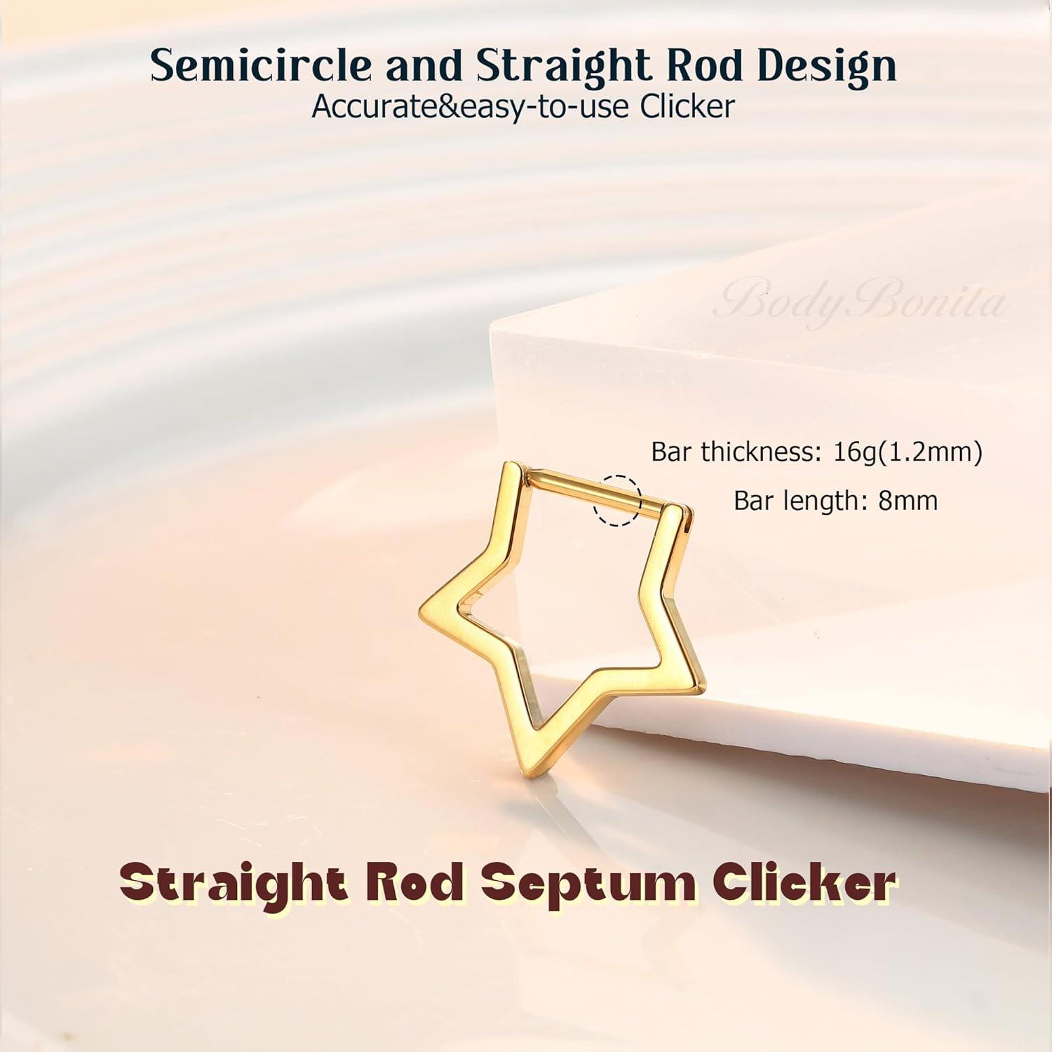 imageBodyBonita 16G Straight Septum Rings 316L Surgical Steel D Shaped Septum Jewelry Star Lace Chain Nose Rings Hoops Clicker Helix Tragus Rook Daith Piercings for Women Men 8 mm14K Gold PlatedStar