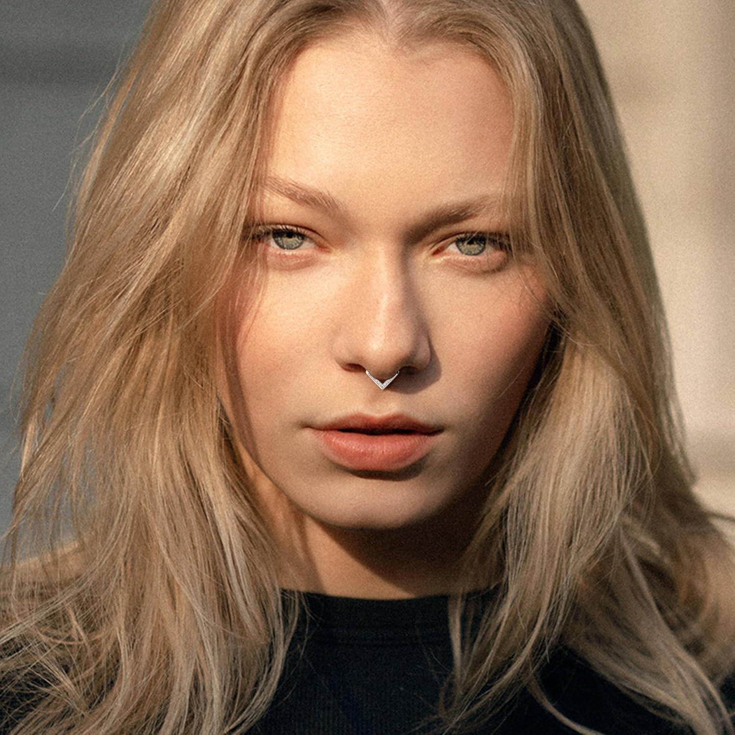 imageBodyBonita 16G Triangle Septum Rings Jewelry 316L Stainless Steel Nose Rings Hoops CZ Nostril Piercings Clicker Daith Conch Tragus Rook Earring for Women Men 68mm 14K Gold PlatedSilverSilver Clear CZ5A