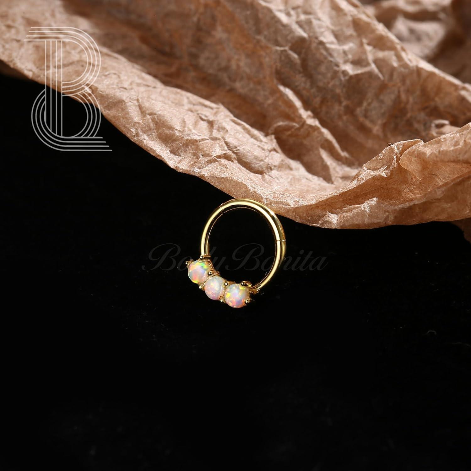 imageBodyBonita 16G White Opal Septum Rings 316L Surgical Steel Nose Rings Hoops Clicker Septum Jewelry Nose Piercings Helix Tragus Rook Daith Earrings for Women Men Gold Plated 8mm