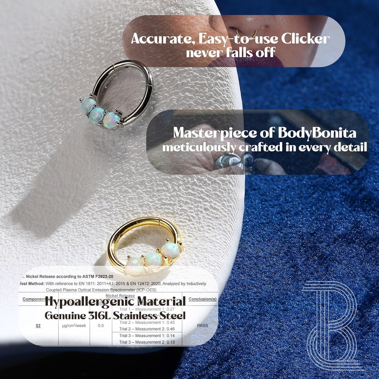 imageBodyBonita 16G White Opal Septum Rings 316L Surgical Steel Nose Rings Hoops Clicker Septum Jewelry Nose Piercings Helix Tragus Rook Daith Earrings for Women Men Gold Plated 8mm