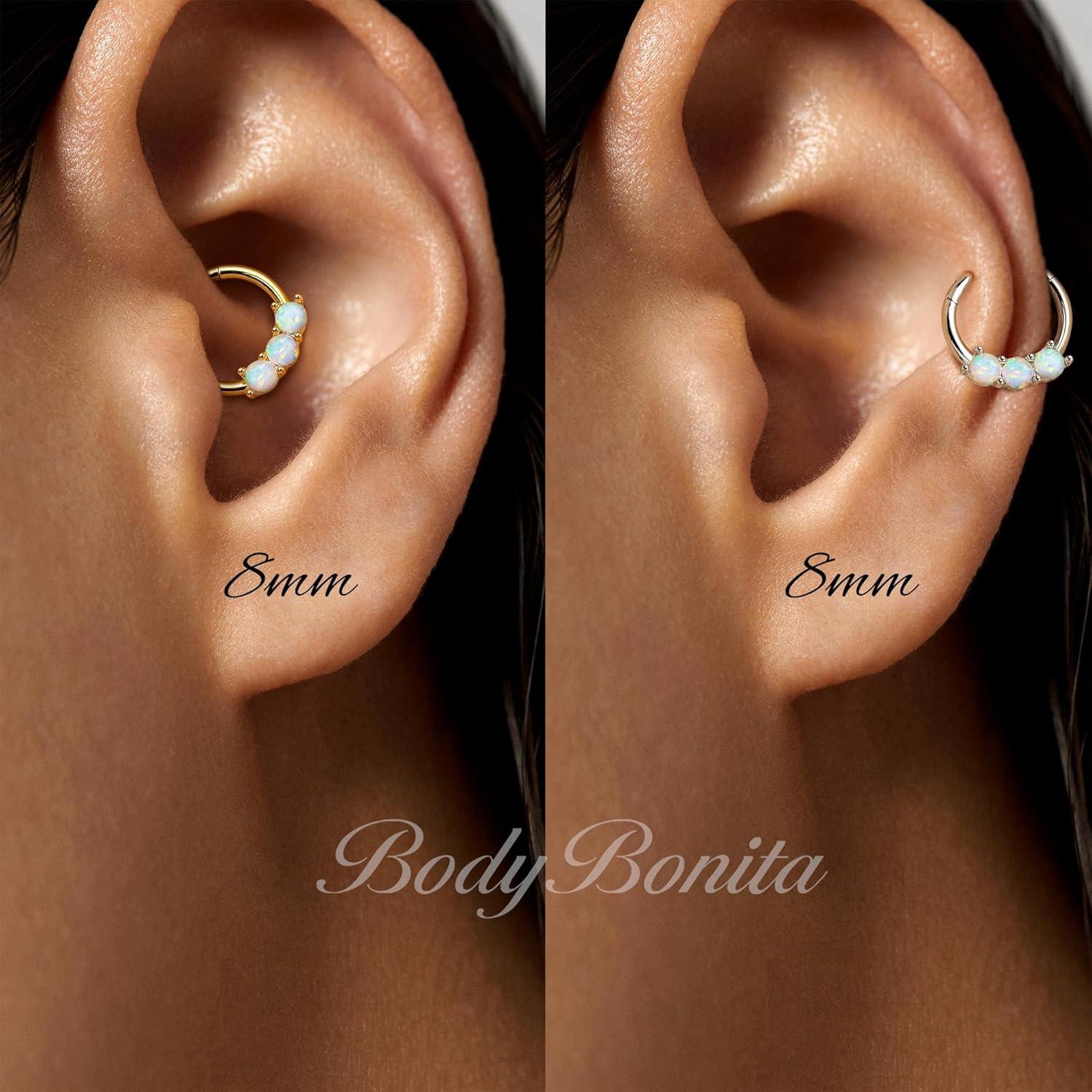 imageBodyBonita 16G White Opal Septum Rings 316L Surgical Steel Nose Rings Hoops Clicker Septum Jewelry Nose Piercings Helix Tragus Rook Daith Earrings for Women Men Gold Plated 8mm