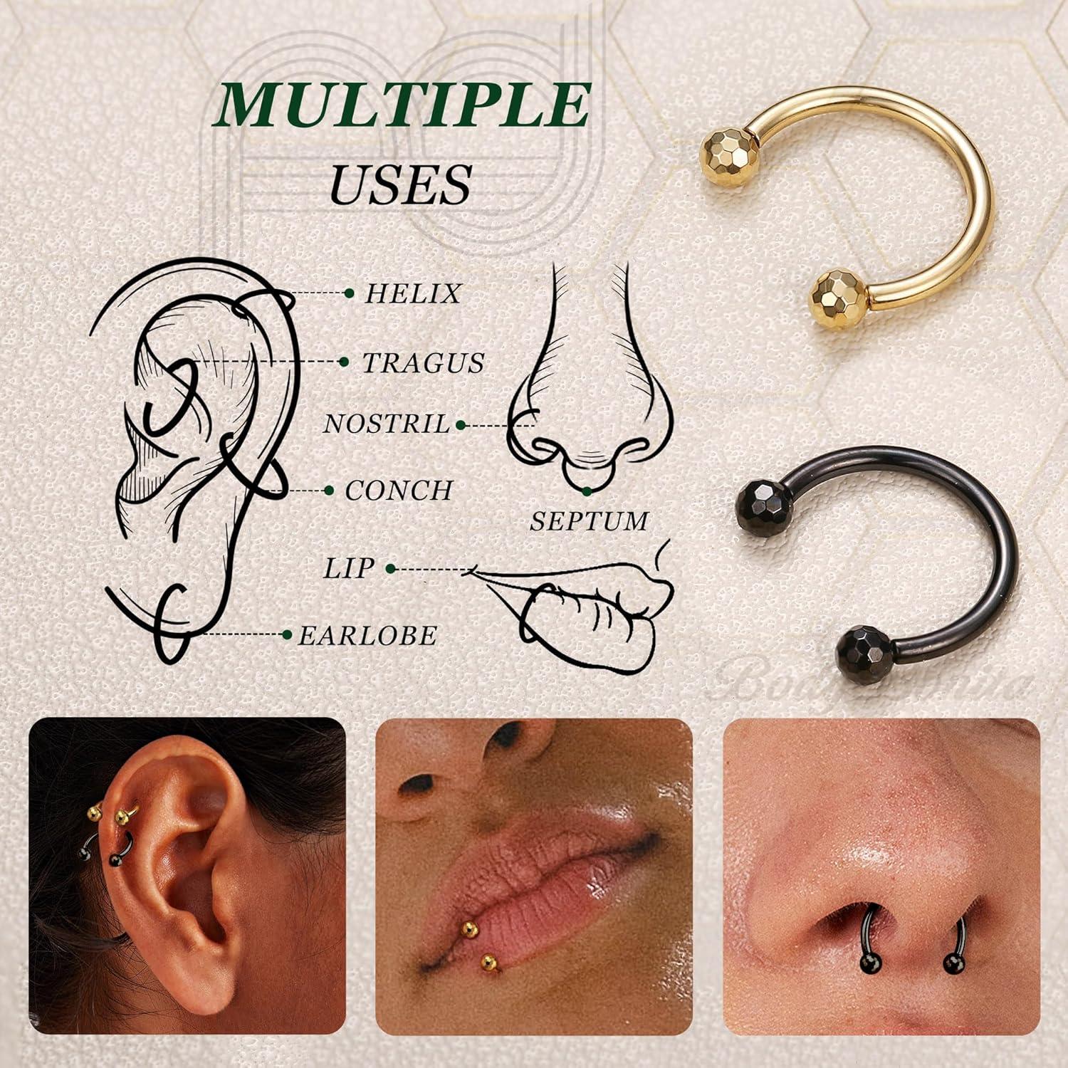 imageBodyBonita G23 Titanium Horseshoe Septum Rings Jewelry 2pcs 16G Nose Rings Hoops Circular Barbell Conch Helix Rook Lip Nipple Piercing for Women Men SilverGoldBlack 810mmGold and Black2pcs