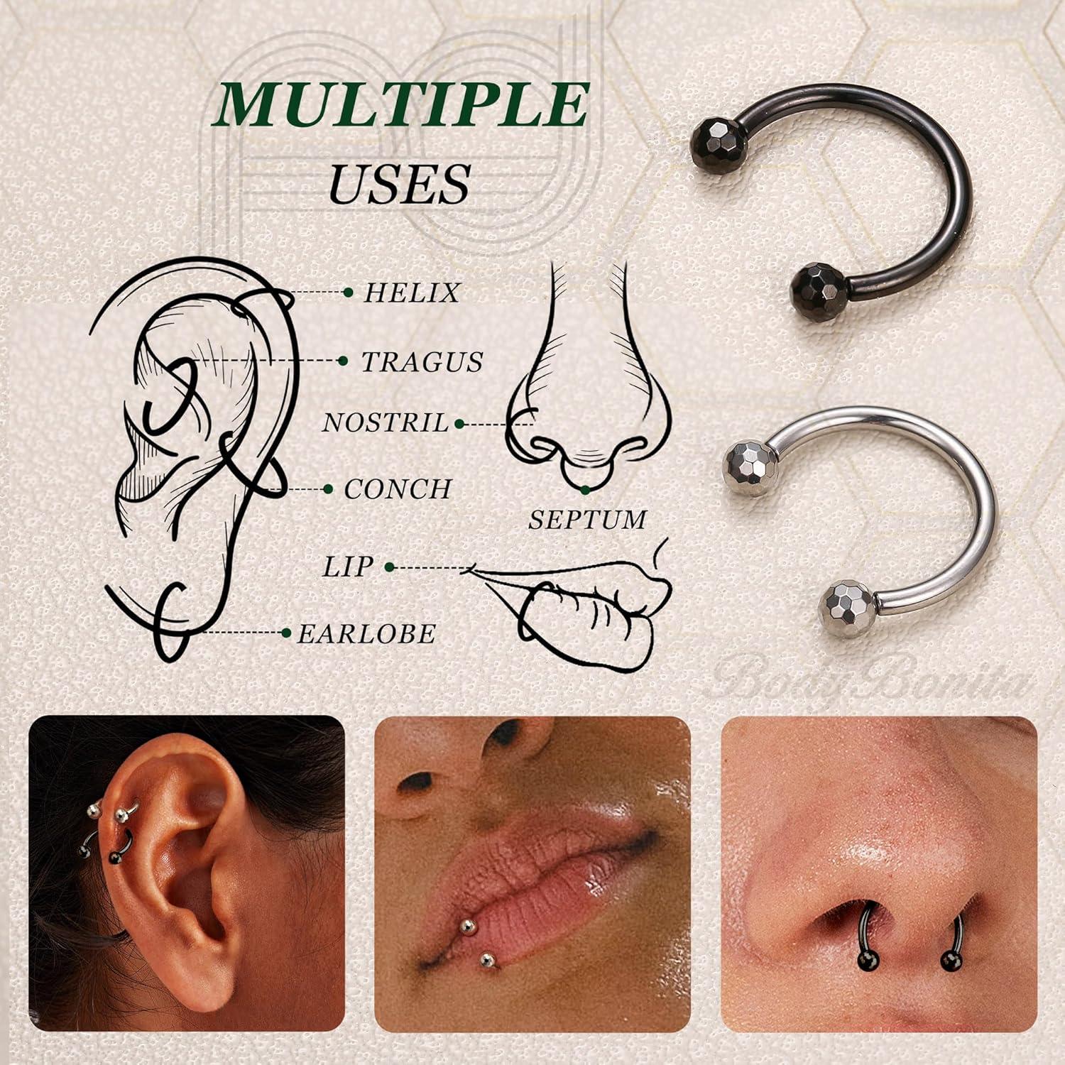 imageBodyBonita G23 Titanium Horseshoe Septum Rings Jewelry 2pcs 16G Nose Rings Hoops Circular Barbell Conch Helix Rook Lip Nipple Piercing for Women Men SilverGoldBlack 810mmSilver and Black2pcs
