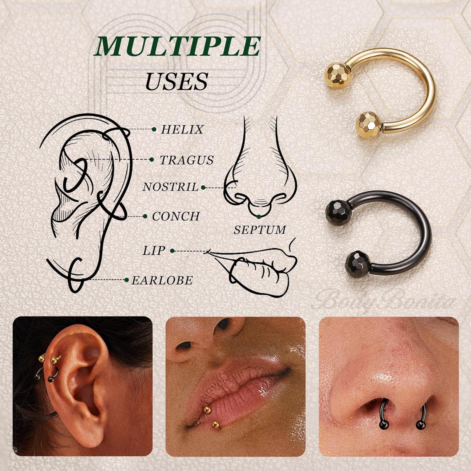 imageBodyBonita G23 Titanium Horseshoe Septum Rings Jewelry 2pcs 16G Nose Rings Hoops Circular Barbell Conch Helix Rook Lip Nipple Piercing for Women Men SilverGoldBlack 810mmGold and Black2pcs