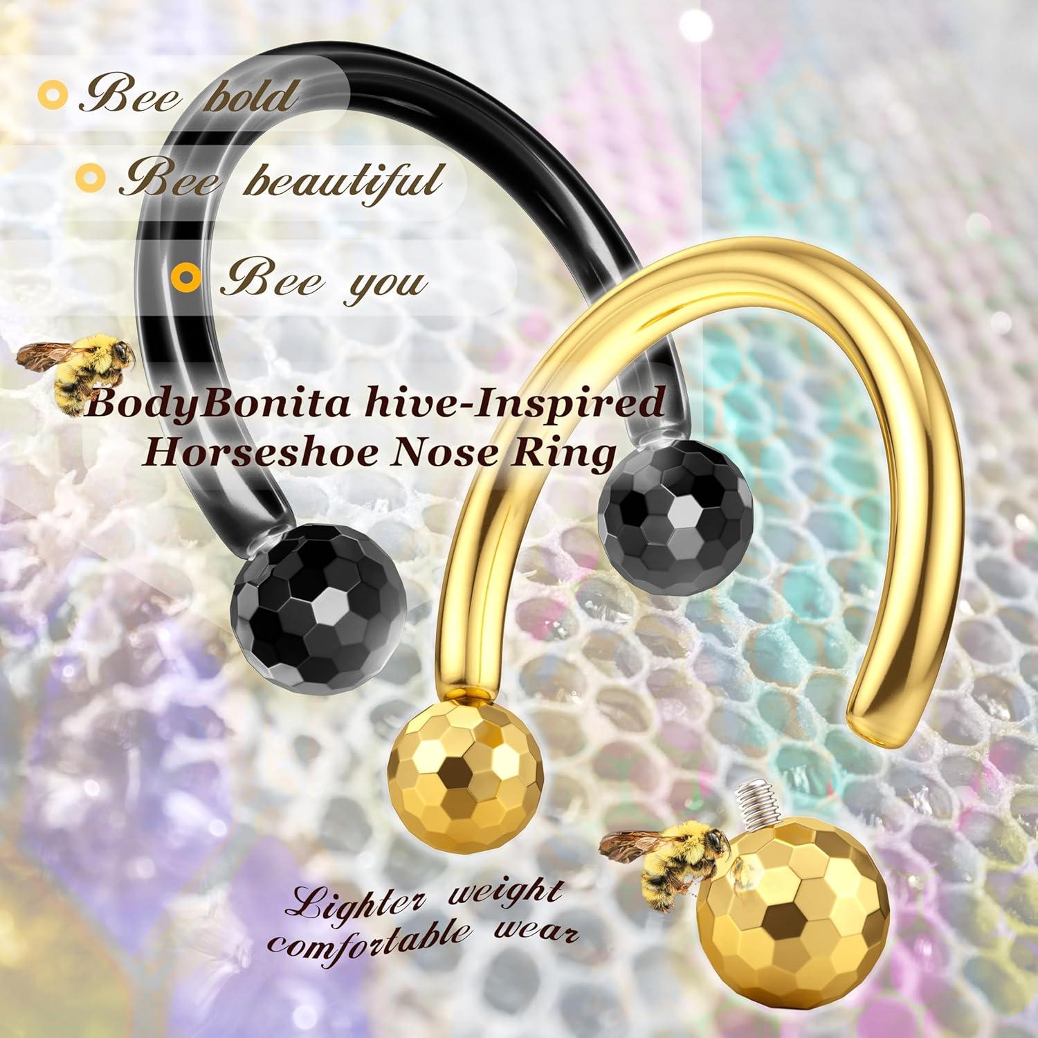 imageBodyBonita G23 Titanium Horseshoe Septum Rings Jewelry 2pcs 16G Nose Rings Hoops Circular Barbell Conch Helix Rook Lip Nipple Piercing for Women Men SilverGoldBlack 810mmGold and Black2pcs