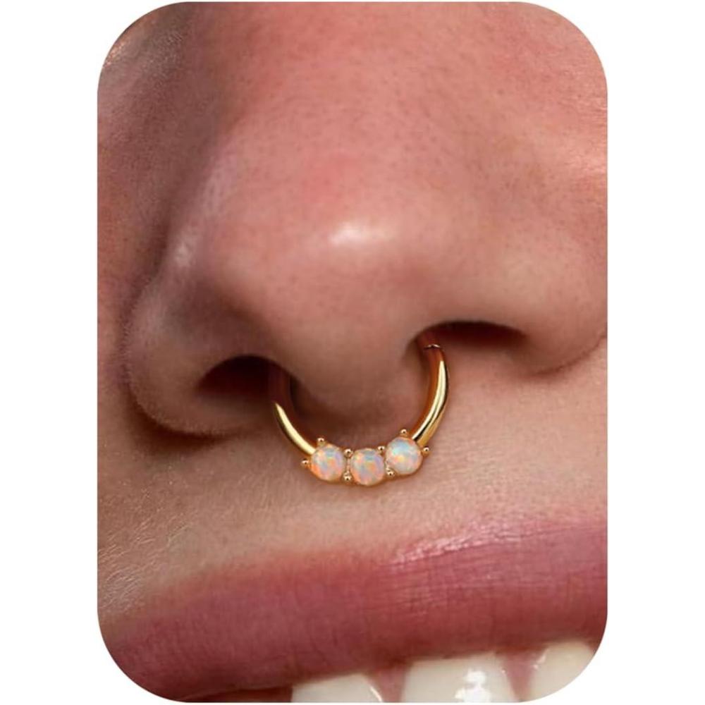 imageBodyBonita 16G White Opal Septum Rings 316L Surgical Steel Nose Rings Hoops Clicker Septum Jewelry Nose Piercings Helix Tragus Rook Daith Earrings for Women Men Gold Plated 8mm