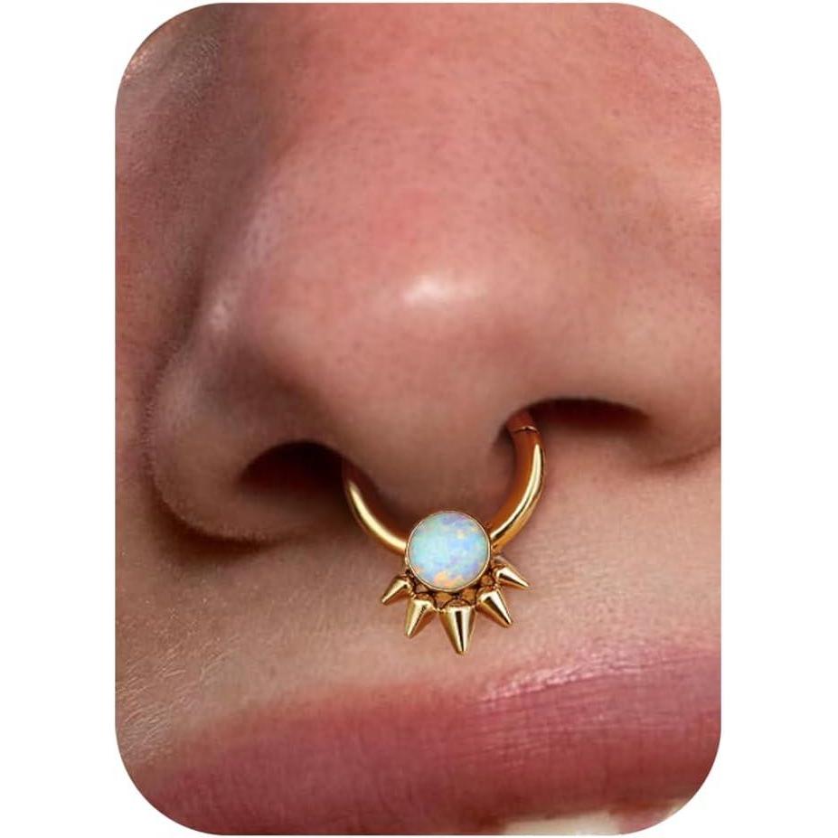 imageBodyBonita Opal Septum Rings 16G 316L Surgical Steel Hinged Nose Rings Hoops Septum Jewelry WhiteBlueBlack Opal Nose Piercings Women Helix Tragus Rook Daith Piercing Jewelry Gold Plated 8mm 10mmWhite Opal
