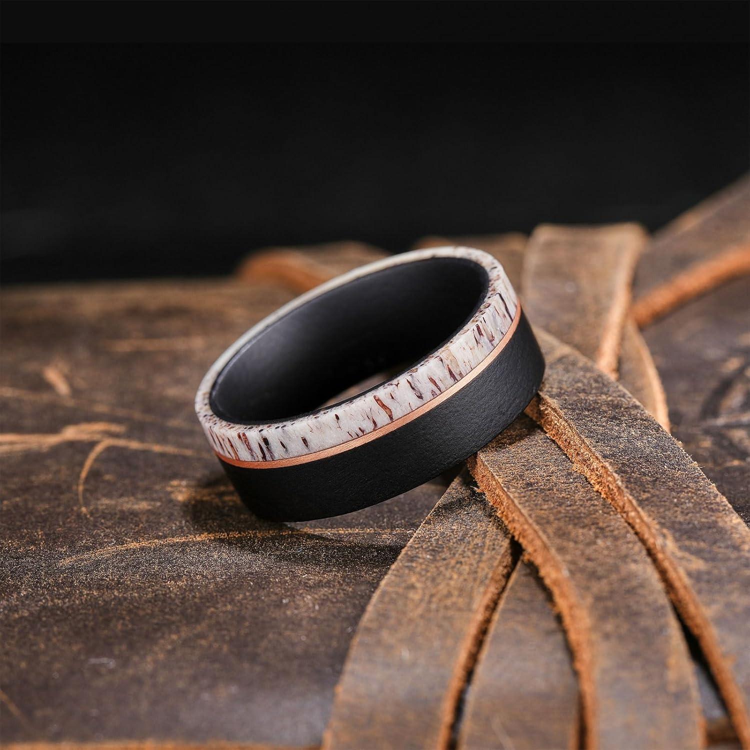 imageKing Will 8mm Wooden Rings Mens Wedding Rings Inlay Flat Cut Ring for Men Women Comfort Fit DurableEbonyAntler